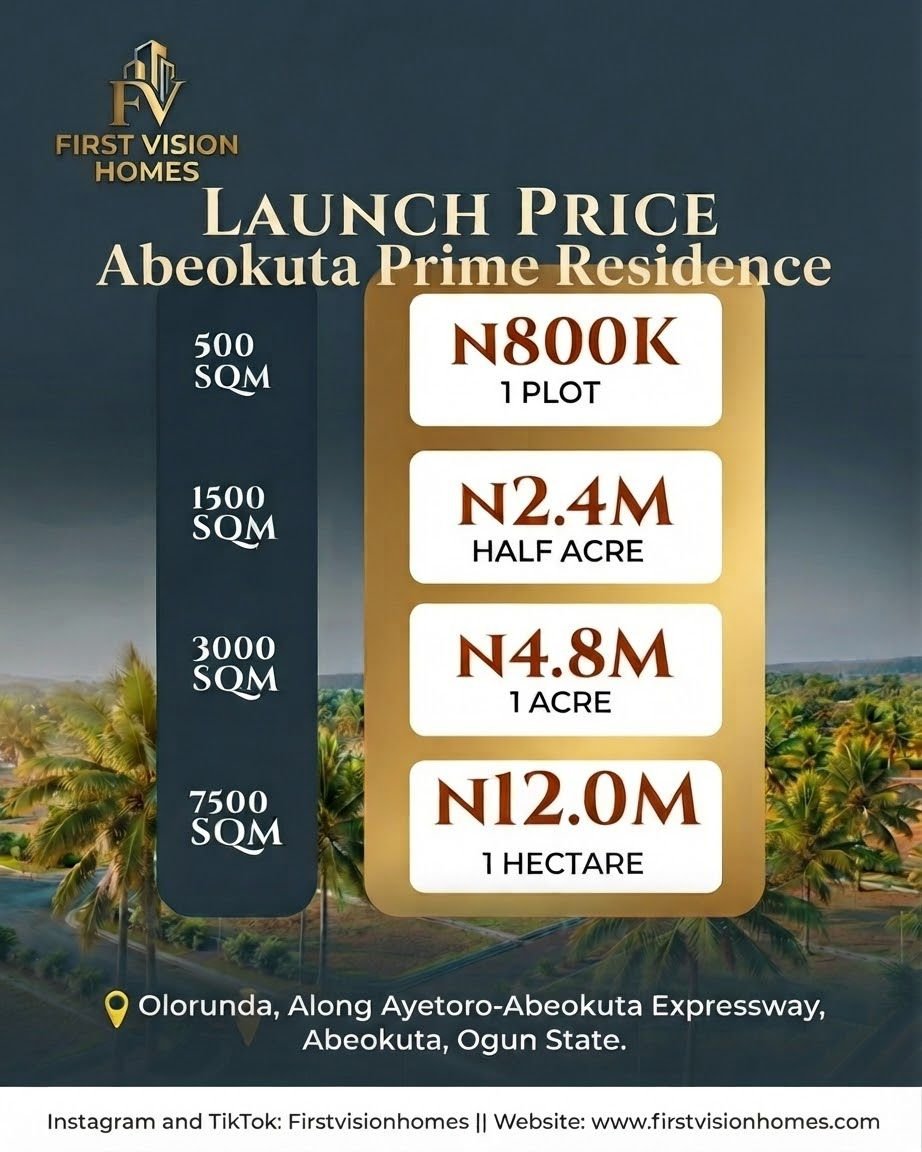 Abeokuta Prime Residence launch prices from N800,000 per plot up to N12,000,000 per hectare